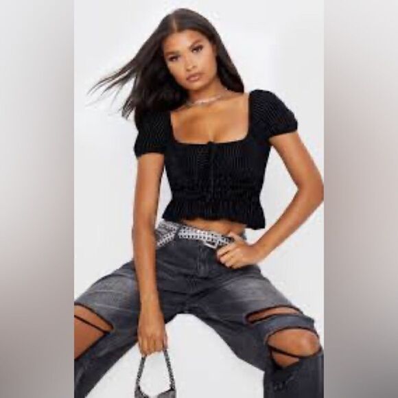 Prettylittlething Black Rib Velvet Puff Sleeve Crop Top Size 4 - Picture 3 of 9
